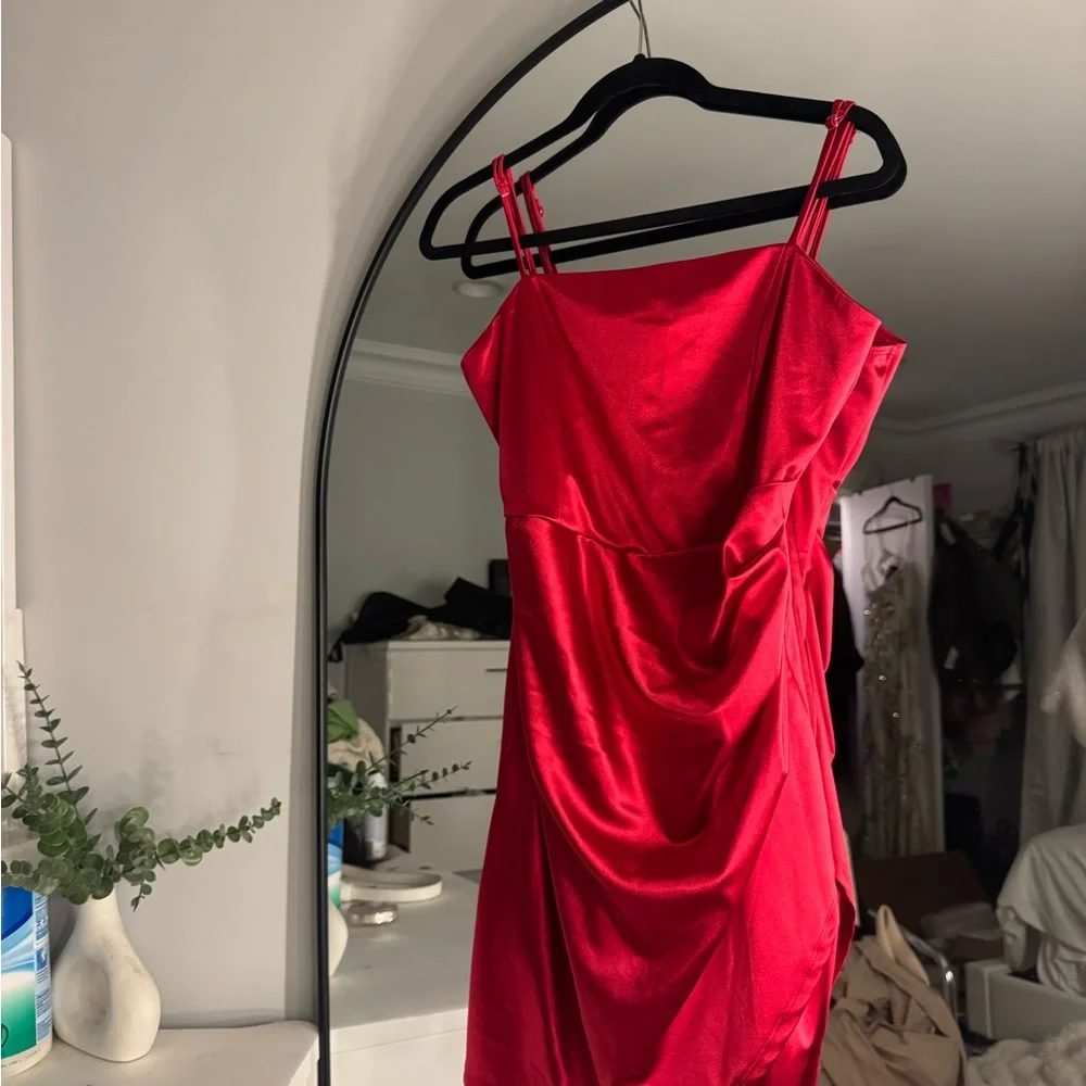 Red Ruched Spaghetti Strap Cocktail Dress - Picture 2 of 2